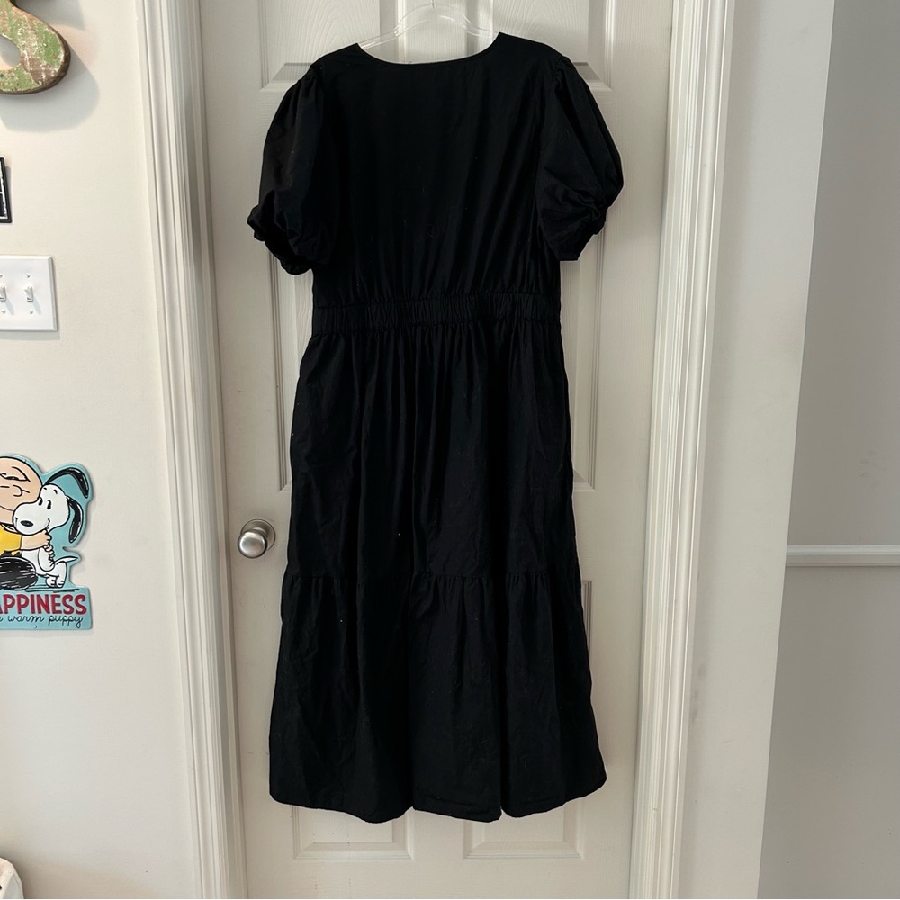 French Connection Black Poplin Puff Sleeve Tiered Midi Dress Cottagecore - Picture 3 of 8